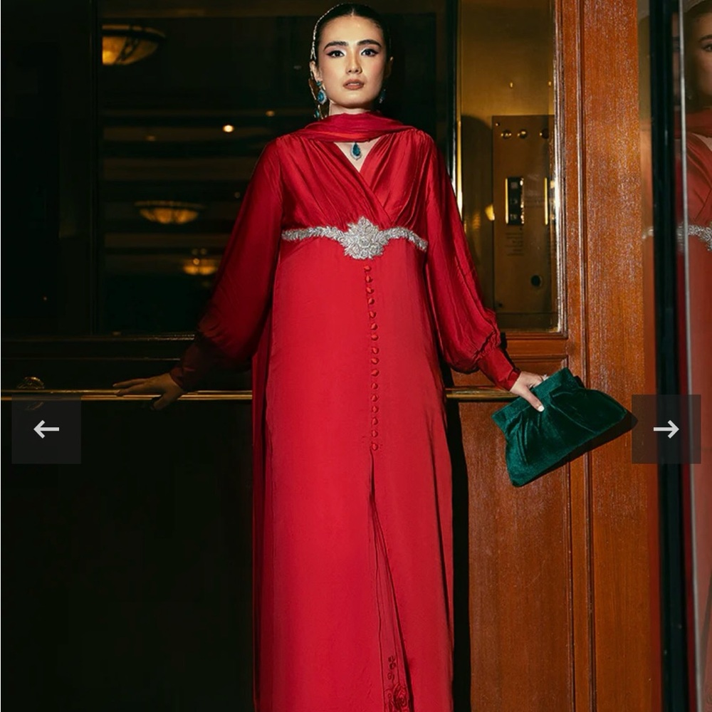 Red Long-Sleeve Maxi Dress with Embellished Waist Detail